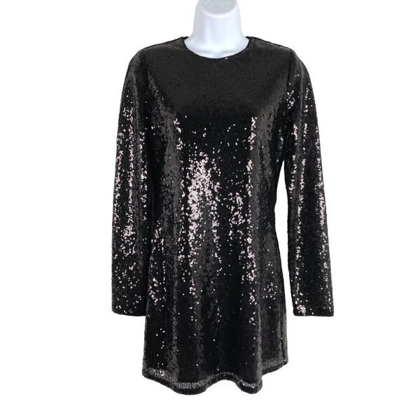Reformation Odeon Sequin Mini Dress Black Long Sleeve Keyhole Back Women's Small - Picture 1 of 8